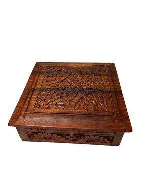 Hand-Carved Wooden Decorative Trinket Box - India. Deep rich tones